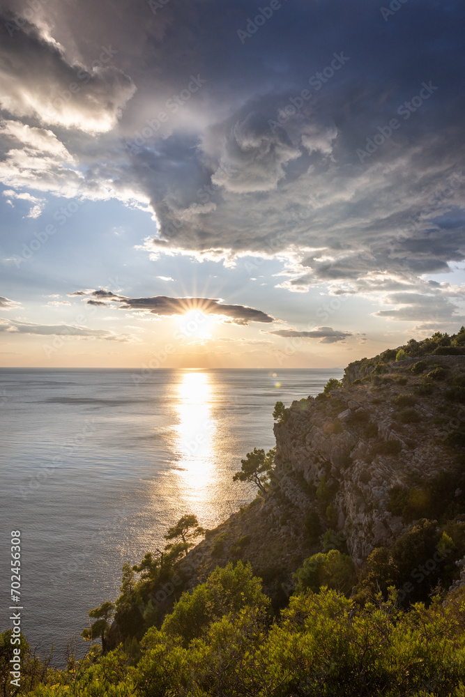 Sunset at the Dalmatian steep coast near Radovcici, Croatia.