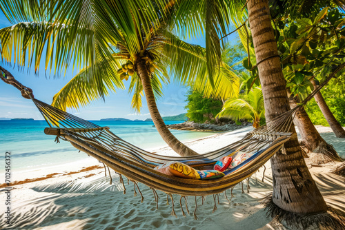 hammock swaying gently between two palm trees  overlooking a pristine white sandy beach
