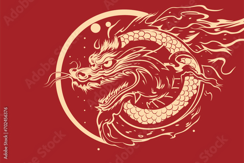 Vector gold china oriental dragon logo symbole sticker label red background