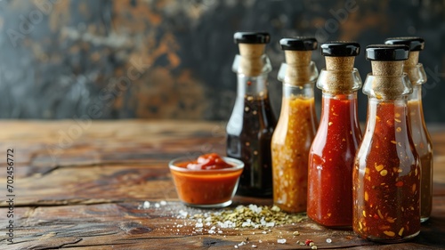 Variety of spicy sauces in glass bottles on wood photo