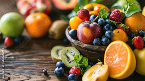 Assorted fresh fruits on a wooden platter photo