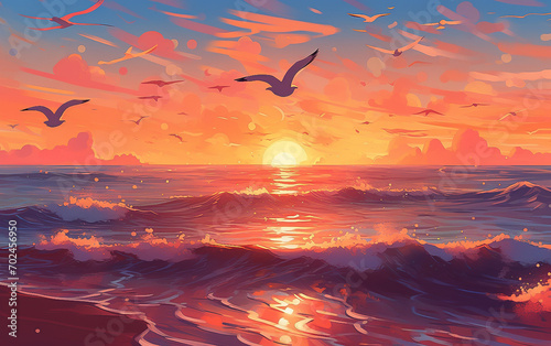 Illustration of sunset with some seagulls © KHAIDIR
