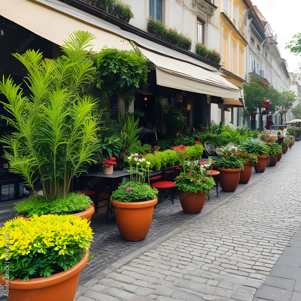 Many beautiful potted plants outside a street cafe Many beautiful potted plants outside a street cafe
