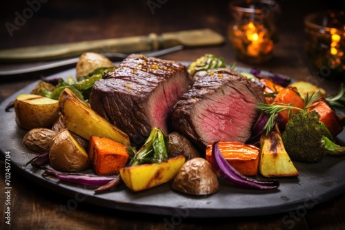 Tasty grilled fillet steak with tomatoes and roast vegetables served on plate. Generate AI image