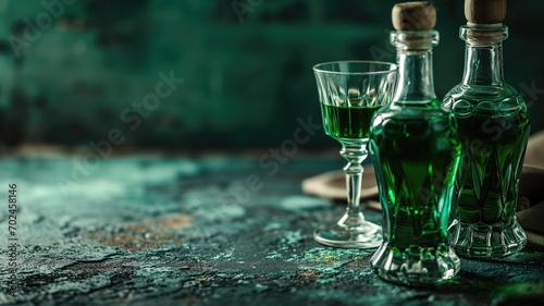 Two glasses and bottles of green herbal liqueur, absinthe with plants around photo