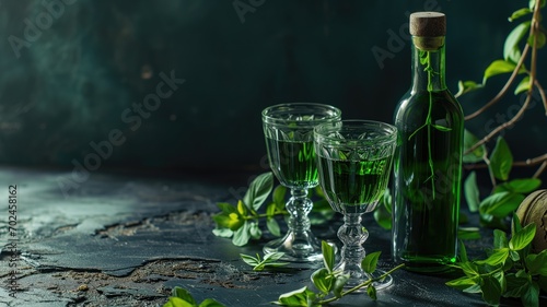 Two glasses of green herbal liquor, absinthe with a bottle and fresh herbs