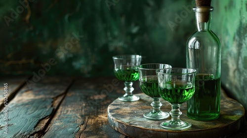 Green herbal liquor, absinthe in glasses with a bottle on a rustic wooden table