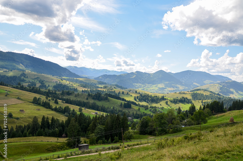 Obraz premium Beautiful view of green grassy valley, trees and mountains landscape on bright summer day under blue sky. Beauty of nature, tourism, traveling and environmental preservation concept. Carpathians