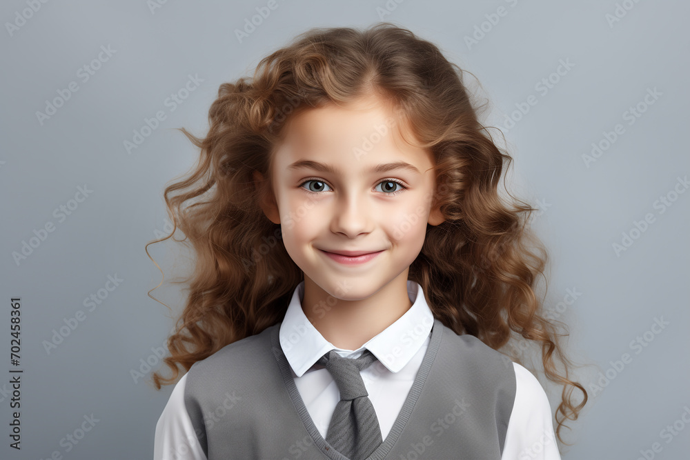 Pretty schoolgirl smiling, looking at camera, back to school concept, isolated on the grey background Pretty schoolgirl smiling, looking at camera, back to school concept, isolated on the grey background