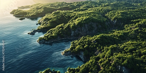 Island with an active volcano  covered with vegetation and a large ocean  aerial view.