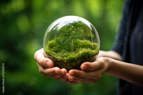 A person holding a glass sphere with a miniature forest inside