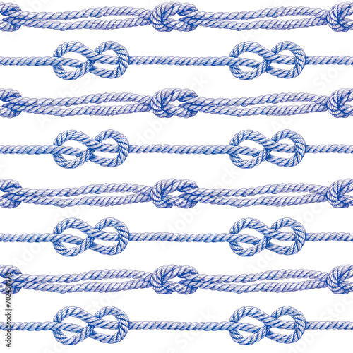 Seamless pattern of rope cords with knots eight knots. Hand drawn illustration. Nautical thread whipcord with loop and noose. Hand painted blue elements on white background. Print, wallpaper, wrapping photo