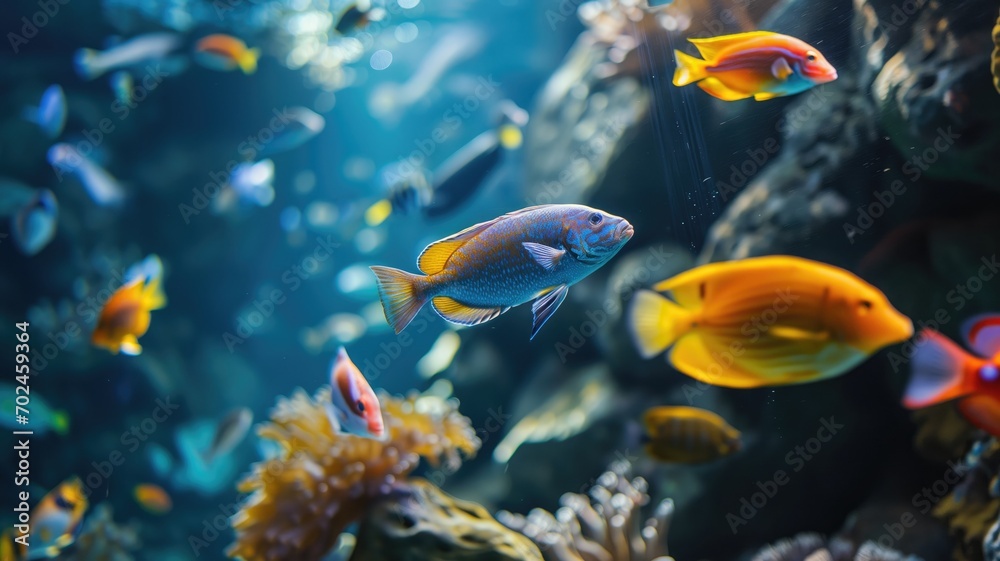 A school of tropical fish swimming around coral A school of tropical fish swimming around coral