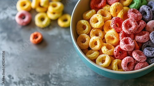 Colorful cereal rings in a bowl on a textured table