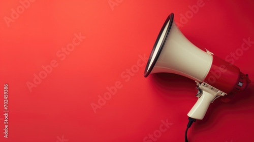 A cream megaphone on a bold red background, symbolizing loud announcements photo