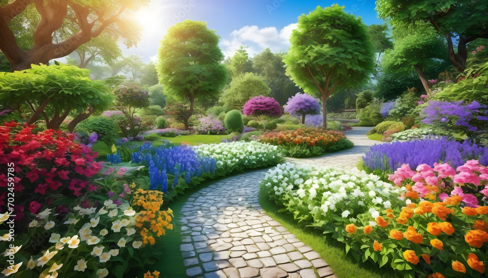Paradise garden full of flowers, beautiful idyllic background with many flowers in Eden
