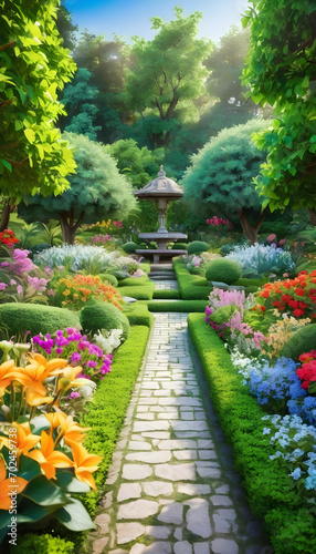 Paradise garden full of flowers, beautiful idyllic background with many flowers in Eden