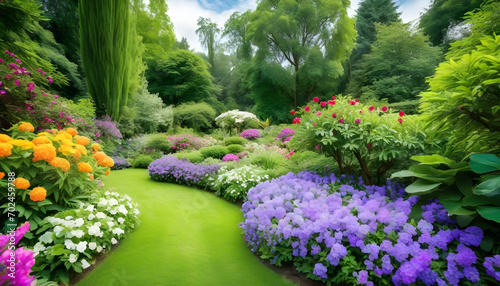 Paradise garden full of flowers, beautiful idyllic background with many flowers in Eden