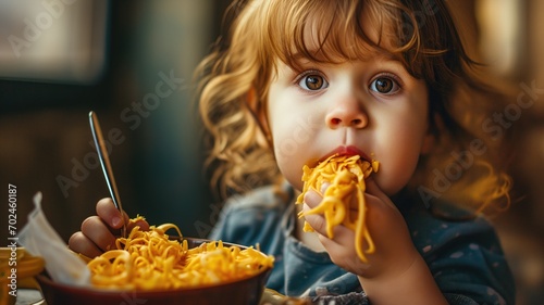 Child eating a bowl of cheesy noodles with delight