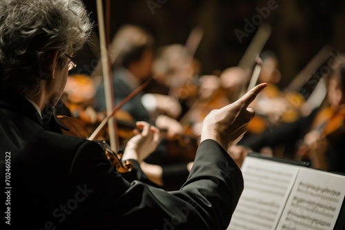 A close-up of a conductor's hands leading an orchestra, the gestures a language of tempo, emotion, and harmony guiding the musicians to a unified performance.