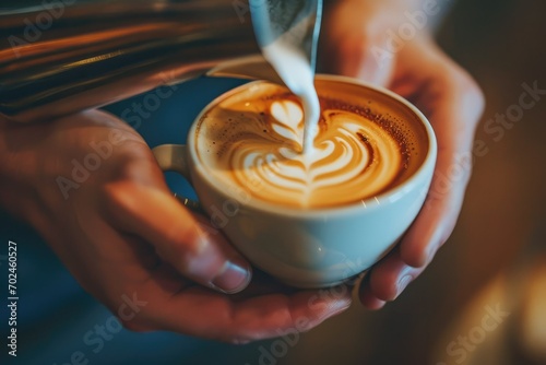 A close-up of a barista's hands pouring steamed milk into a cup of coffee, the swirls forming a perfect latte art, a blend of skill, creativity, and passion for the craft.