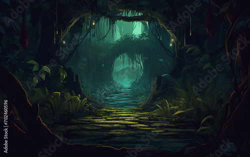 Illustration of pathway in dark jungle