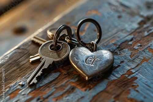 A heart-shaped keychain with engraved initials, a small but personal token of love and the keys to one's heart and happiness. photo