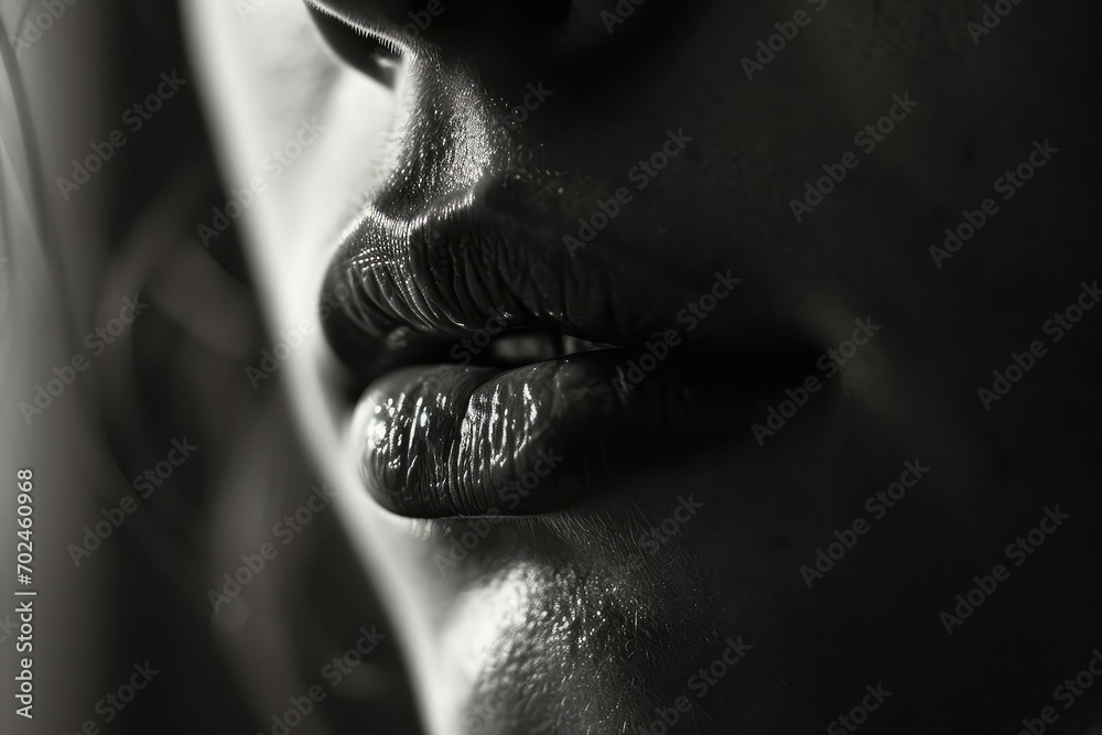 Fototapeta premium An intimate close-up of a person whispering, the lips slightly parted and the expression intense, capturing a moment of secrecy and intimacy.