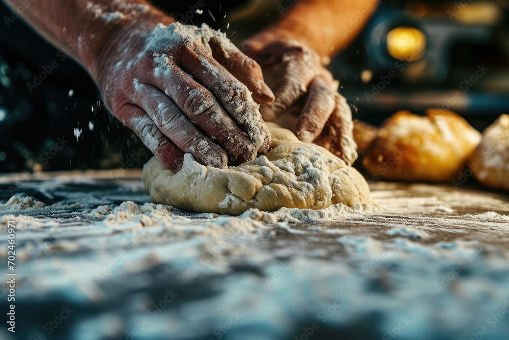 A baker's hands kneading dough on a floured surface, the rhythm and pressure a dance of ingredients coming together to create comfort food.