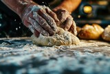 A baker's hands kneading dough on a floured surface, the rhythm and pressure a dance of ingredients coming together to create comfort food.