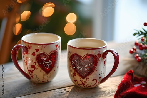 A Valentine's Day themed mug set, each adorned with romantic quotes or images, perfect for sharing a morning coffee or evening hot chocolate.