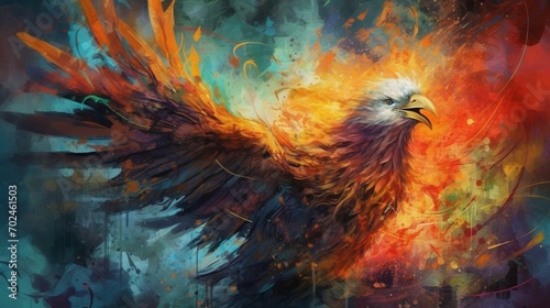 abstract background, Picture a mythical tableau of a phoenix, embodied as an eagle with wings ablaze in vibrant flames, rising from the ashes against a dark photo