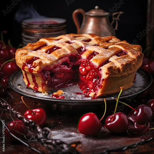 A delicious homemade cherry pie with a golden crust, served on a rustic table. The image captures the pie’s vibrant red filling oozing out, surrounded by fresh cherries and vintage kitchenware, evokin photo