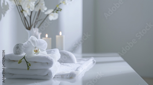 Horizontal illustration in white colors for advertising aroma and SPA treatments  table with towels  orchids and candles.