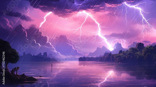 Powerful lightning during thunderstorm reflection over the sea with clouds background. Generate AI