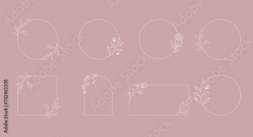 Set of floral design logo elements. Botanical wreath, frame and minimalist flowers branch. Hand drawn line wedding herb, elegant leaves for invitation, save the date card. 