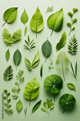 Set of green leaves. Flat lay