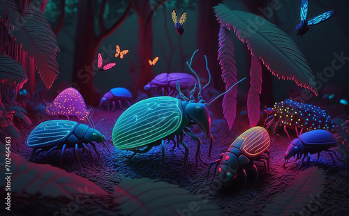 3D neon forest with many colorful bugs photo