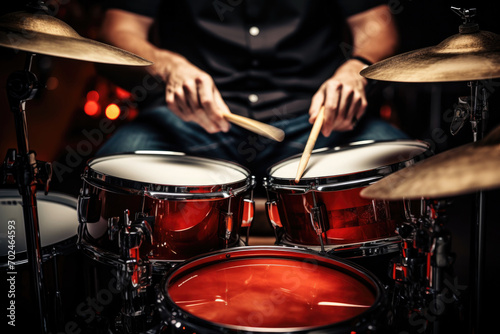 Close-up of a man playing drums in a club or on stage. Musician