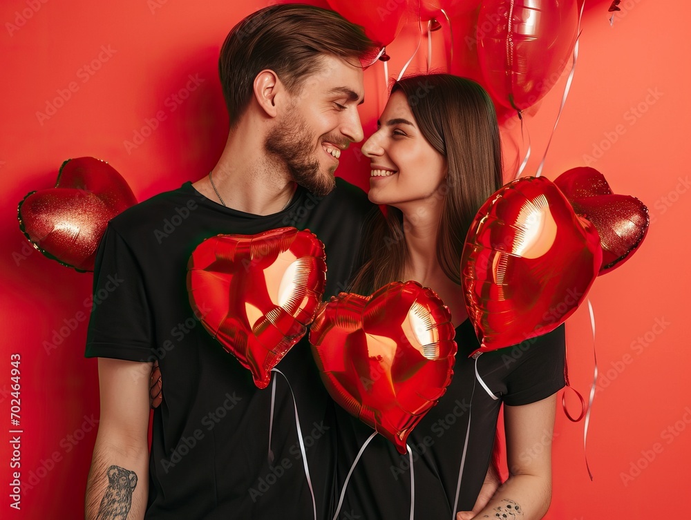 Young couple holding balloons shaped hearts. Valentine's day celebration. Concept of emotions, facial expression, love, relations, same-sex marriage, rights, diversity, romantic holidays. Young couple holding balloons shaped hearts. Valentine's day celebration. Concept of emotions, facial expression, love, relations, same-sex marriage, rights, diversity, romantic holidays.