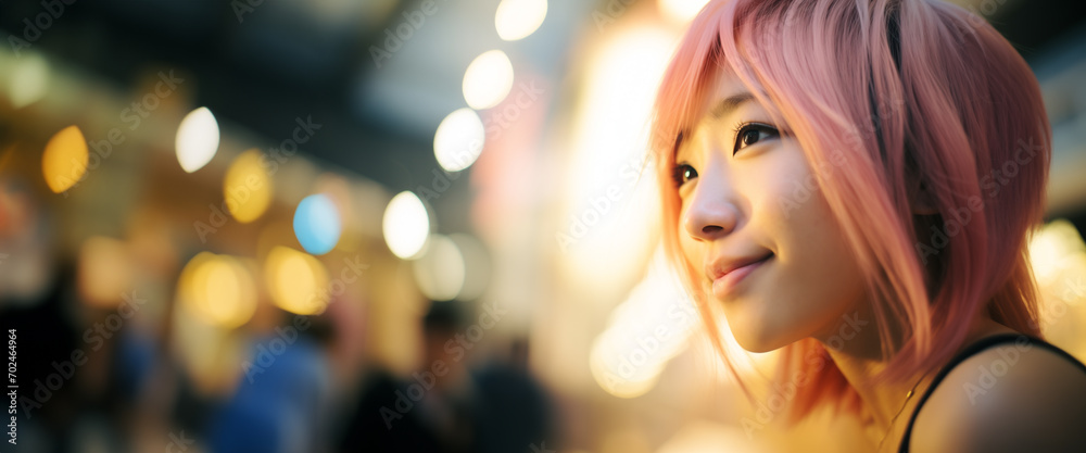 Ritratto di una giovane sorridente ragazza giapponese con capelli tinti di rosa in una città piena di luci di notte - obrazy, fototapety, plakaty 