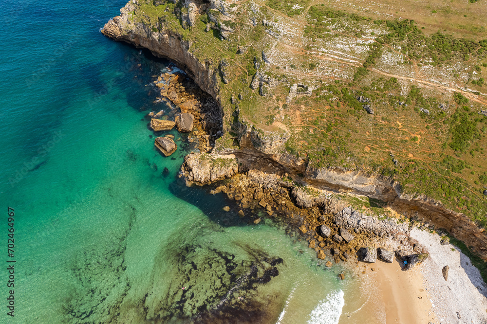 Obraz premium Aerial view of Playa de fuentes near San Vicente de la Barquera in North Spain, Europe