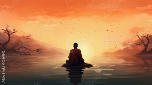 illustration with a peaceful zen meditaion background in orange colors © Claudia Nass