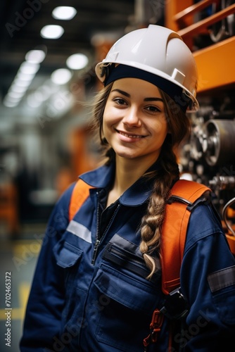 Portrait of a female industrial worker wearing a hard hat and safety gear