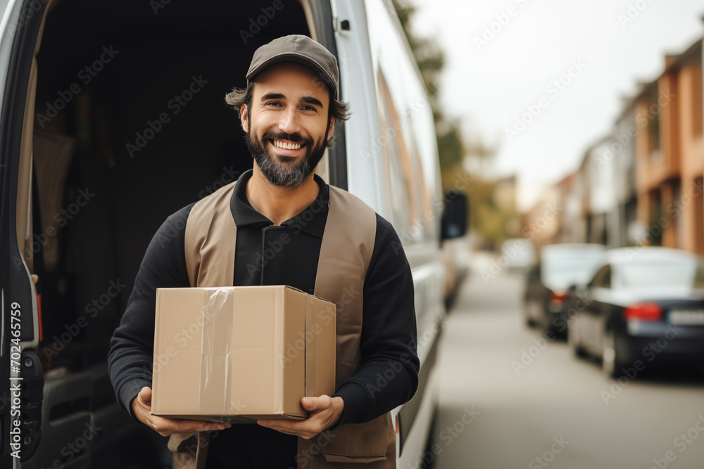 Portrait of delivery man checking the parcel for delivery in front of van. Generative AI Portrait of delivery man checking the parcel for delivery in front of van. Generative AI