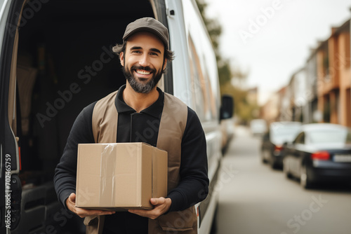 Portrait of delivery man checking the parcel for delivery in front of van. Generative AI © Viktoriia