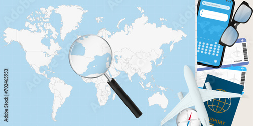 Andorra is magnified over a World Map, illustration with airplane, passport, boarding pass, compass and eyeglasses. photo
