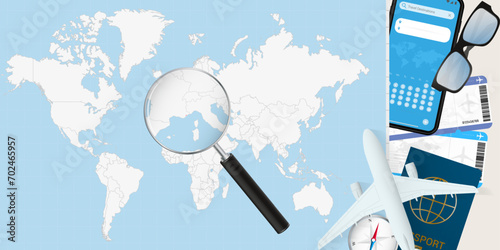 Monaco is magnified over a World Map, illustration with airplane, passport, boarding pass, compass and eyeglasses.