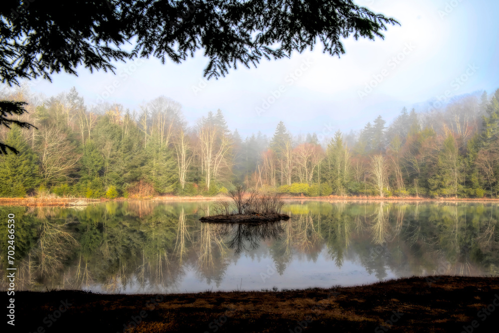 Obraz premium Island in middle lake early morning