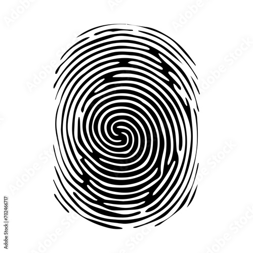 Fingerprint pattern, clear lines and swirls. Human thumbprint. Icon, pictogram, logo. Black and white illustration. Vector isolated on a white background. Security concept. Imprint.